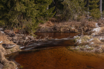 Svetla creek in winter snowy cold morning with sunshine light