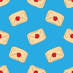 Seamless patterns. Envelope with a stamp isolated on a blue background. Vector illustration.