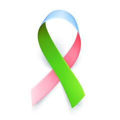 Symbol of rare disease, realistic pink, green, blue ribbon. Template for awareness day on 28 february isolated over white background, vector illustration.