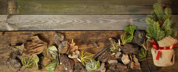 Tło z drewnianych desek wraz z dekoracją liście gałązki kamienie i laski cynamonu