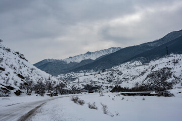 Fototapeta na wymiar panoramic landscape of winter mountains, passes and snow-covered trees in the Caucasus 