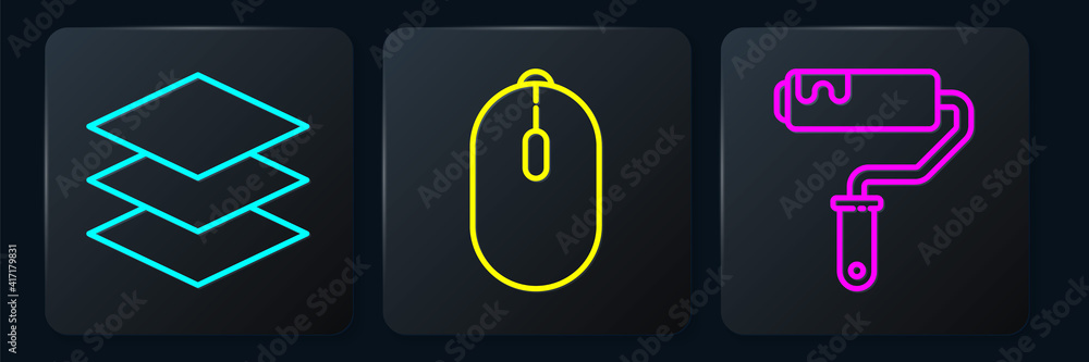 Aufkleber set line layers, paint roller brush and computer mouse. black square button. vector.