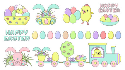 Set of Happy Easter design elements - chicken, rabbit, train, painted eggs, flower, grass with sign. Easter symbols in pastel colors isolated on a white background. Stock vector illustration in