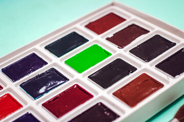 Professional watercolor paints in cuvettes. Multi-colored paints for artists.