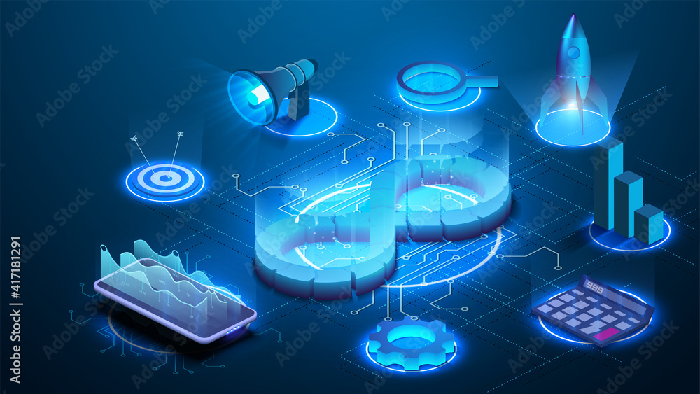 Poster devops software development operations infinity symbol. web development concept in isometric design.