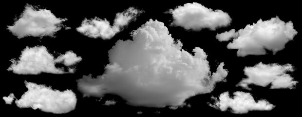 Set of White clouds isolated on black background.