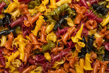Multicolored pasta variety background.