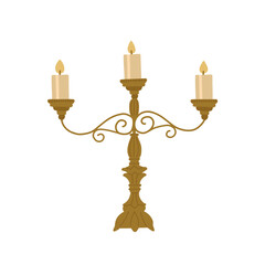Vintage candlestick with three burning candles. Vector illustration isolated on white background