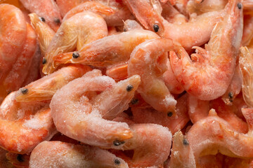 Fresh shrimps in ice. Top view.