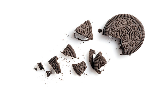 ROSTOV ON DON, RUSSIA-February 25, 2021 - Oreo cookies with crumbs on a white background. This is a sandwich cookie with a chocolate cream filling.