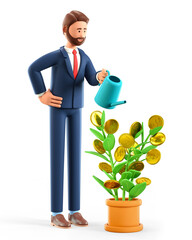 3D illustration of cute smiling man watering money tree. Cartoon bearded businessman holding a watering can and caring a dollar plant with gold coins. Financial growth concept. © Rinat Khairitdinov