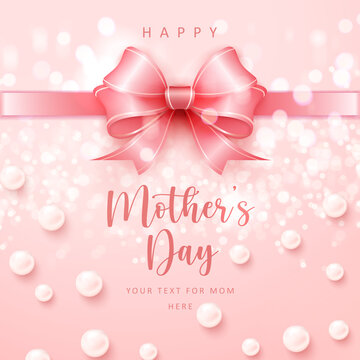 Happy mother's cute pink ribbon with shining bokeh background and elegant pearls