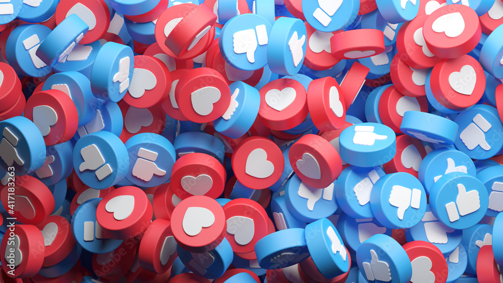 Poster overhead view of a big heap of social media like and love buttons, thumb up for a background in 3d r