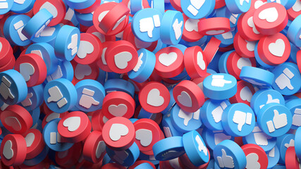 Overhead view of a big heap of social media like and love buttons, Thumb Up for a background in 3D rendering. . Social network banner and advertising background - obrazy, fototapety, plakaty
