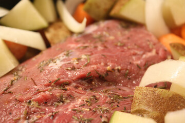 Pot roast dinner with vegetables in the crockpot