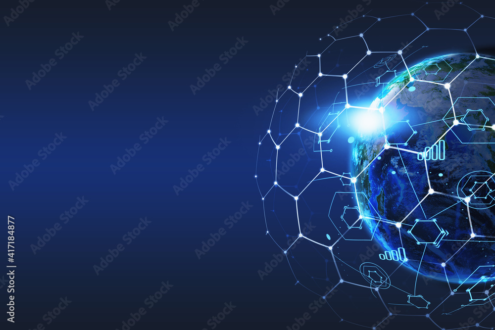 Poster the earth hexagons map over globe satellite. planet connection through modern technology. concept of