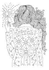 Vector hand drawn coloring page modern city witch back in a jacket with stars. Woman sorceress with long wavy hair holds a shining magic stick in her hand. Decorated graphic  illustration 
