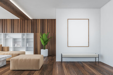 Mockup frame over grey bench in wooden living room with beige sofa and shelf