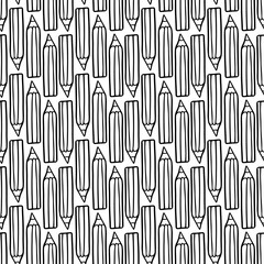 Black contour linear wooden pencils isolated on white background. Cute monochrome seamless pattern. Vector flat graphic hand drawn illustration. Texture.