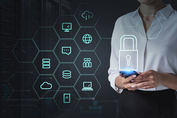 Businesswoman and hud with lock and icons, double exposure