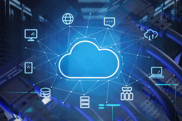 Blue LAN cloud icon in the middle of frame, Local Area Network map connecting with lines. Concept...
