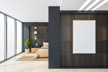 Mockup frame in black and beige bedroom behind partition, bed and window