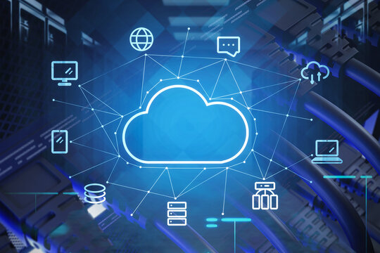 Blue LAN Cloud Icon In The Middle Of Frame, Local Area Network Map Connecting With Lines. Concept Of Cloud Service. 3d Rendering. Double Exposure.