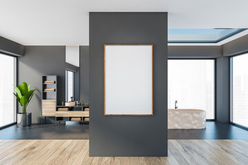 Mockup frame on a wall in black bathroom with bathtub and sinks near window