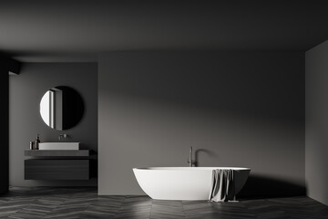 Naklejka na ściany i meble Modern bathroom interior with sink and white bathtub in eco minimalist style. wooden parquet floor. No people. 3D Rendering Mock up