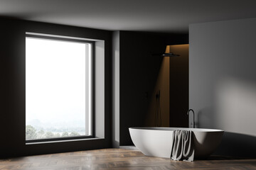 Modern bathroom interior with shower and white bathtub, in eco minimalist style with brown wooden parquet floor. Panoramic window. No people. 3D Rendering