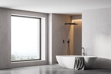 Naklejka na ściany i meble Modern bathroom interior with shower and white bathtub, in eco minimalist style with concrete floor and walls. Panoramic window. No people. 3D Rendering