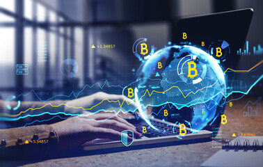 Businesswoman or cryptocurrency trader analyzing bitcoin market graph chart, side view business woman using laptop to buy or sell coin, double exposure graph, internet trading