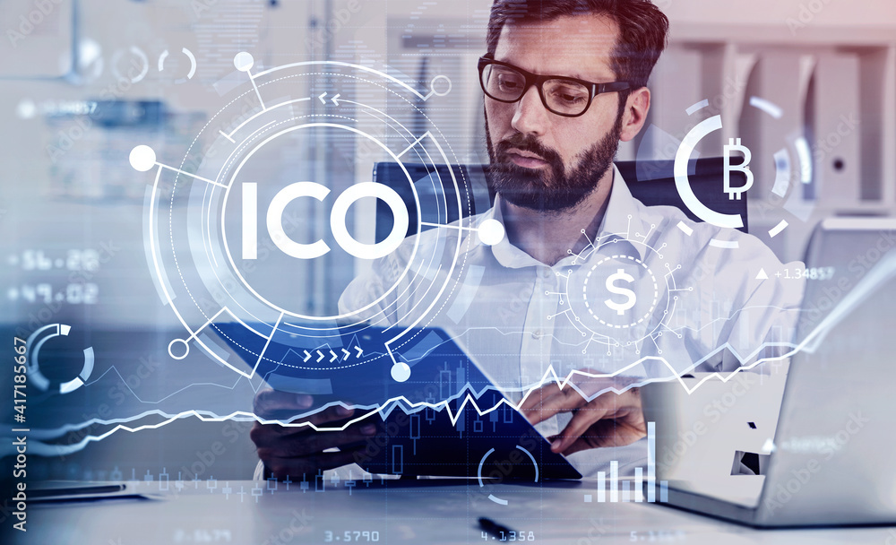 Poster handsome beard trader in glasses analyzing cryptocurrency rates after expected ico, businessman work
