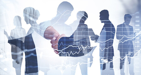 Double exposure of businessman and businesswoman handshake on stock market graph background and New...