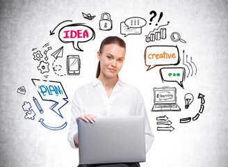 Woman with laptop and icons sketch drawn on the wall