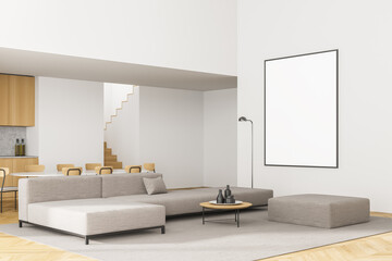 White poster on wall. Luxurious and modern interior of living room. Kitchen area with dining table. Ladder to second floor. Huge couch in the middle of the apartment space. 3D rendering. Mock up.