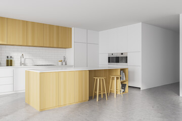 White kitchen set with eating table and chairs on marble floor