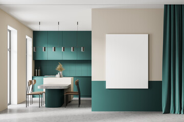Green and white modern kitchen interior. Dining area with marble table. Concrete floor. Panoramic window. Mock up poster on wall.