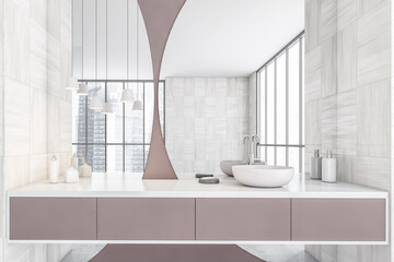 Fototapeta na wymiar White bathroom with big mirror, sink and pink drawer