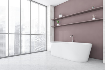 Naklejka na ściany i meble Light bathroom with bathtub with shelf on white floor near window