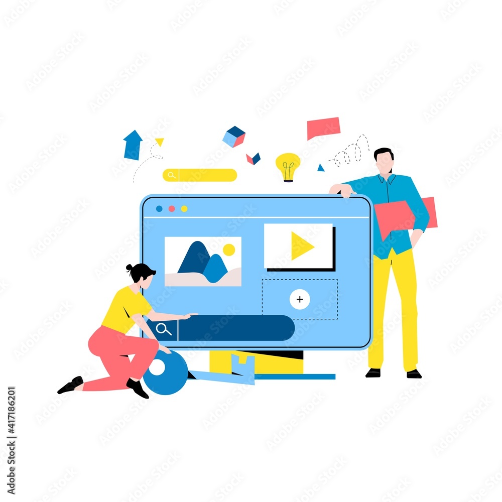 Poster digital content management, creating engaging online content, online news flat vector illustration d