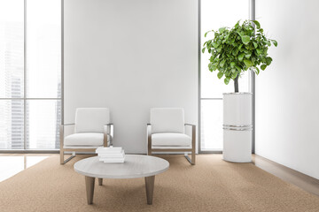 Mockup copy space above two armchairs in light living room