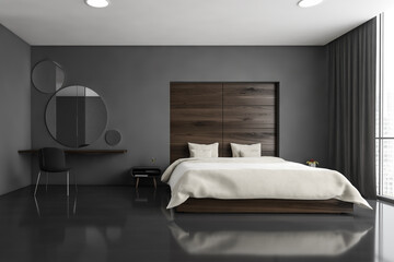 Fototapeta na wymiar Bed and linens in dark wooden bedroom with window