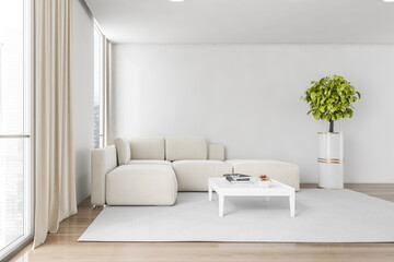 Fototapeta na wymiar White and wooden living room with corner sofa on carpet and plant near window