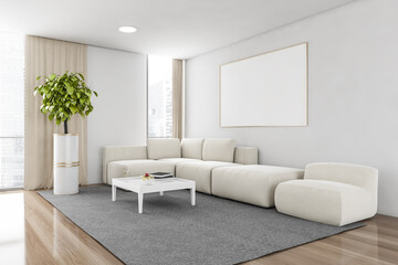 Mockup frame in light living room with sofa on carpet