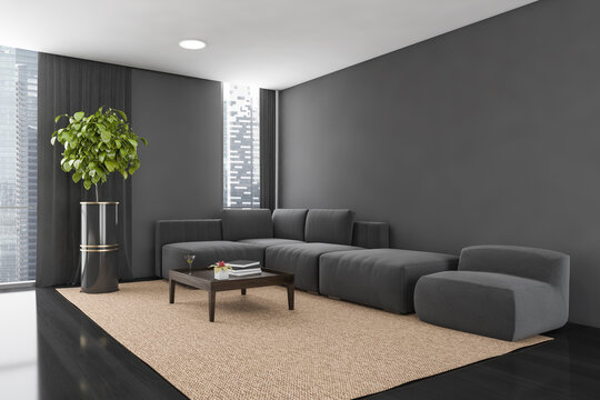 Black and wooden living room with corner sofa on carpet and plant near window