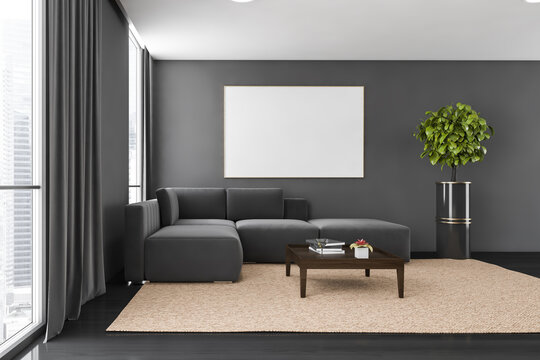 Black and wooden living room with corner sofa on carpet and plant near window