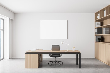 Modern office interior. White poster on wall. Mock up. CEO desk. City view, panoramic window.