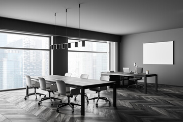 Modern office interior. Poster on wall mock up. Conference table. CEO desk. City view, panoramic window.