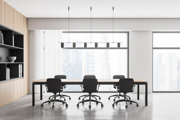 Modern office interior. Conference table. City view, panoramic window.